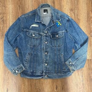 VTG Lee riveted denim‎ trucker jacket mens L USA made embroidered patches 80s